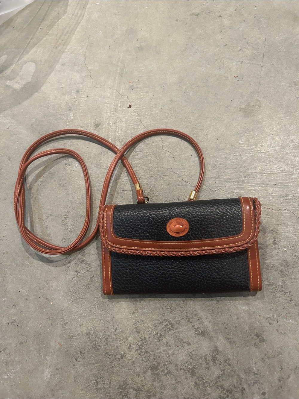Dooney & Bourke Black Pebbled Leather Crossbody with Brown Trim